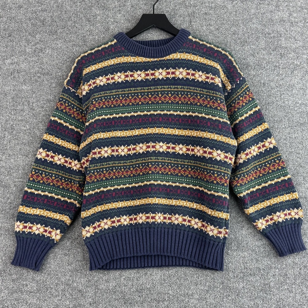 Vintage Structure Sweater Men's S Navy Fair Isle Nordic Cotton Blend Made USA
